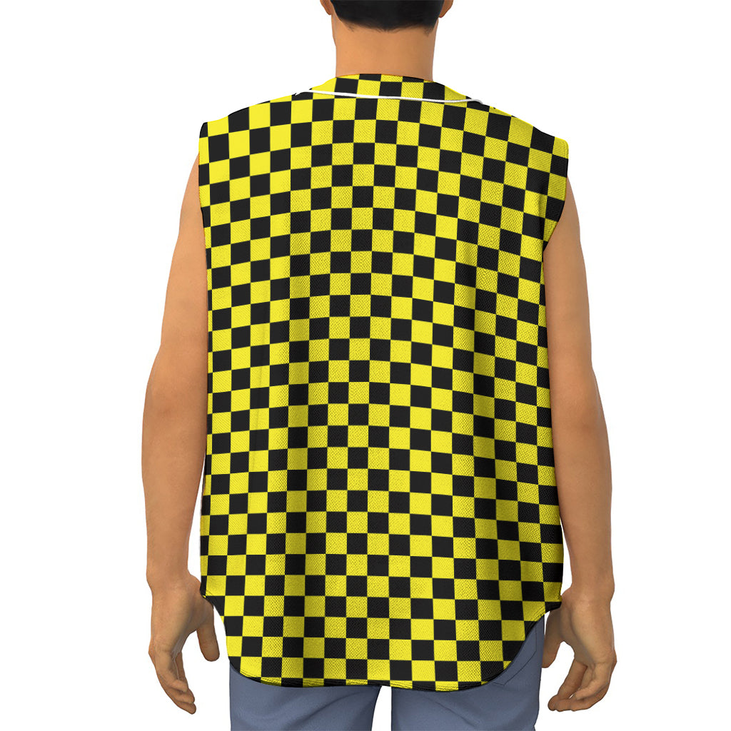 Yellow And Black Checkered Pattern Print Sleeveless Baseball Jersey