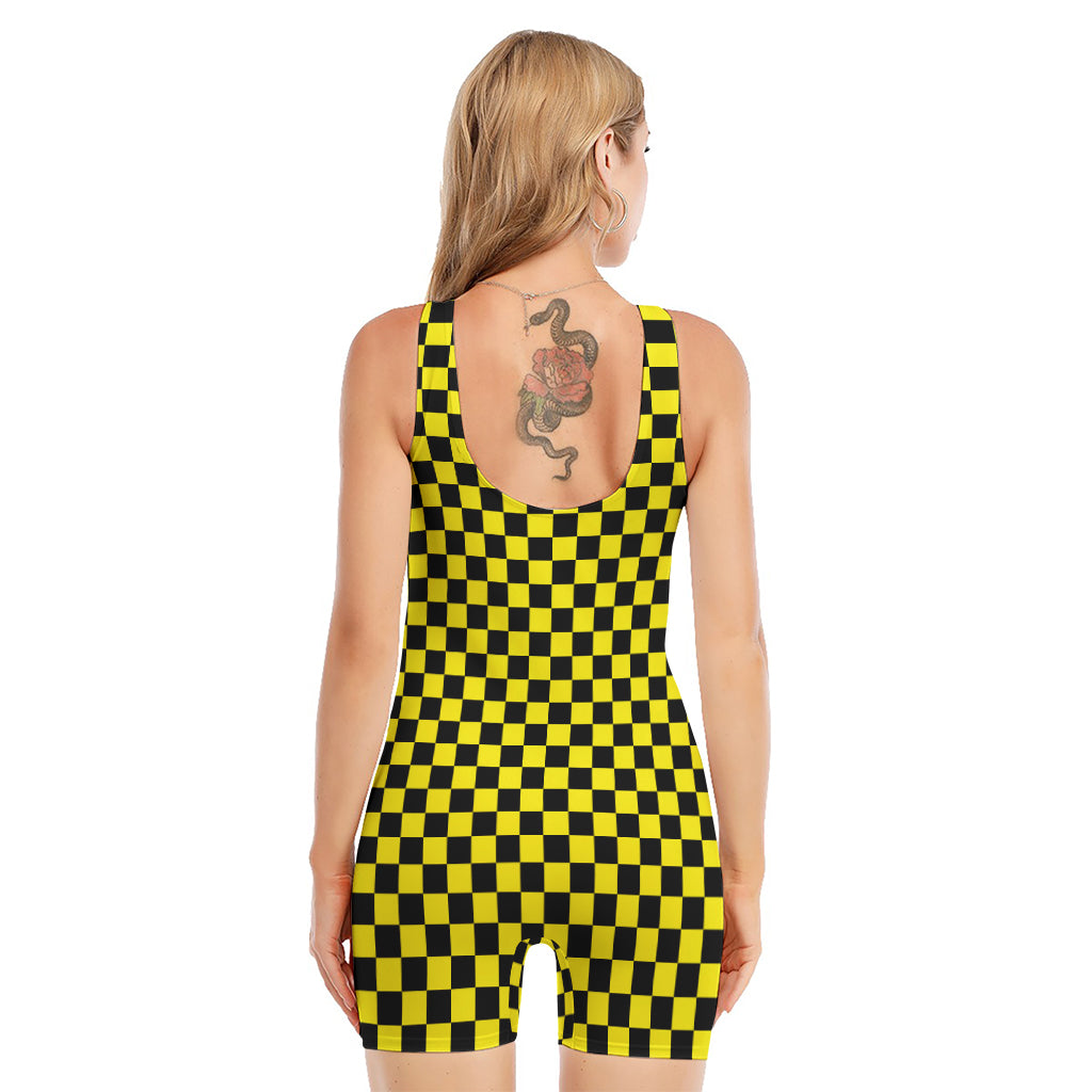 Yellow And Black Checkered Pattern Print Sleeveless One Piece Swimsuit