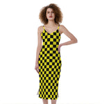 Yellow And Black Checkered Pattern Print Slim Fit Midi Cami Dress