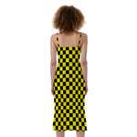 Yellow And Black Checkered Pattern Print Slim Fit Midi Cami Dress