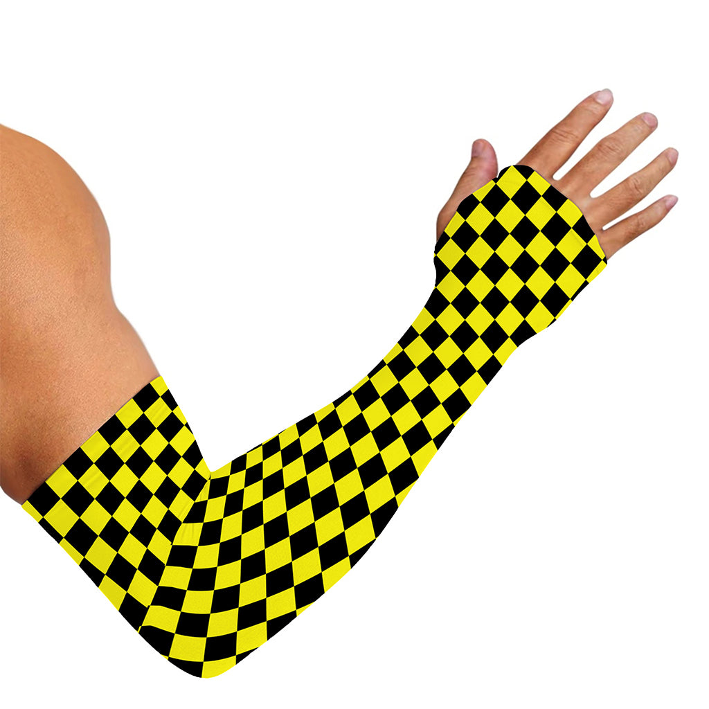 Yellow And Black Checkered Pattern Print Sun Protection Arm Sleeves