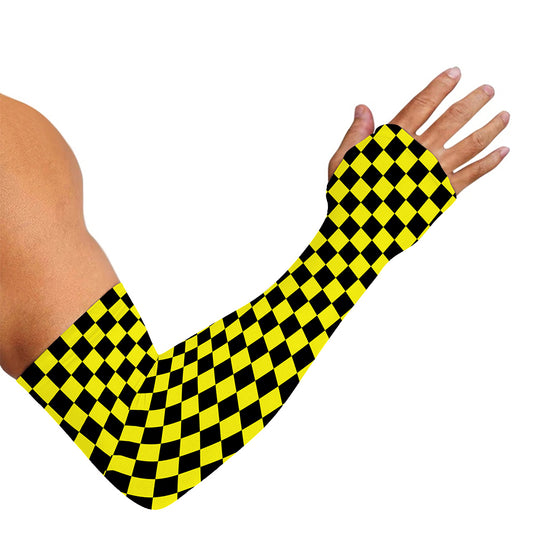 Yellow And Black Checkered Pattern Print Sun Protection Arm Sleeves