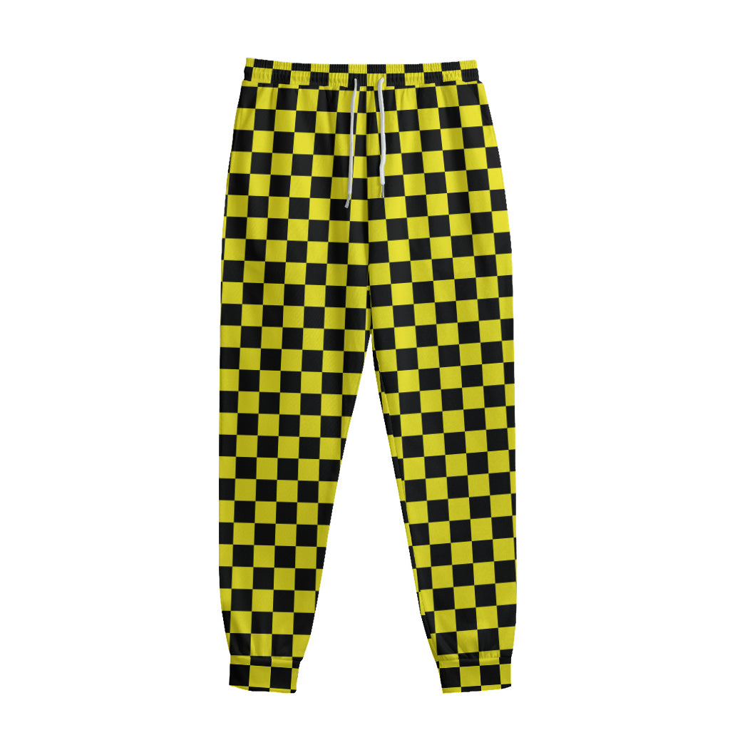 Yellow And Black Checkered Pattern Print Sweatpants