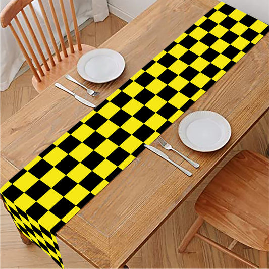 Yellow And Black Checkered Pattern Print Table Runner