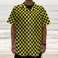Yellow And Black Checkered Pattern Print Textured Short Sleeve Shirt