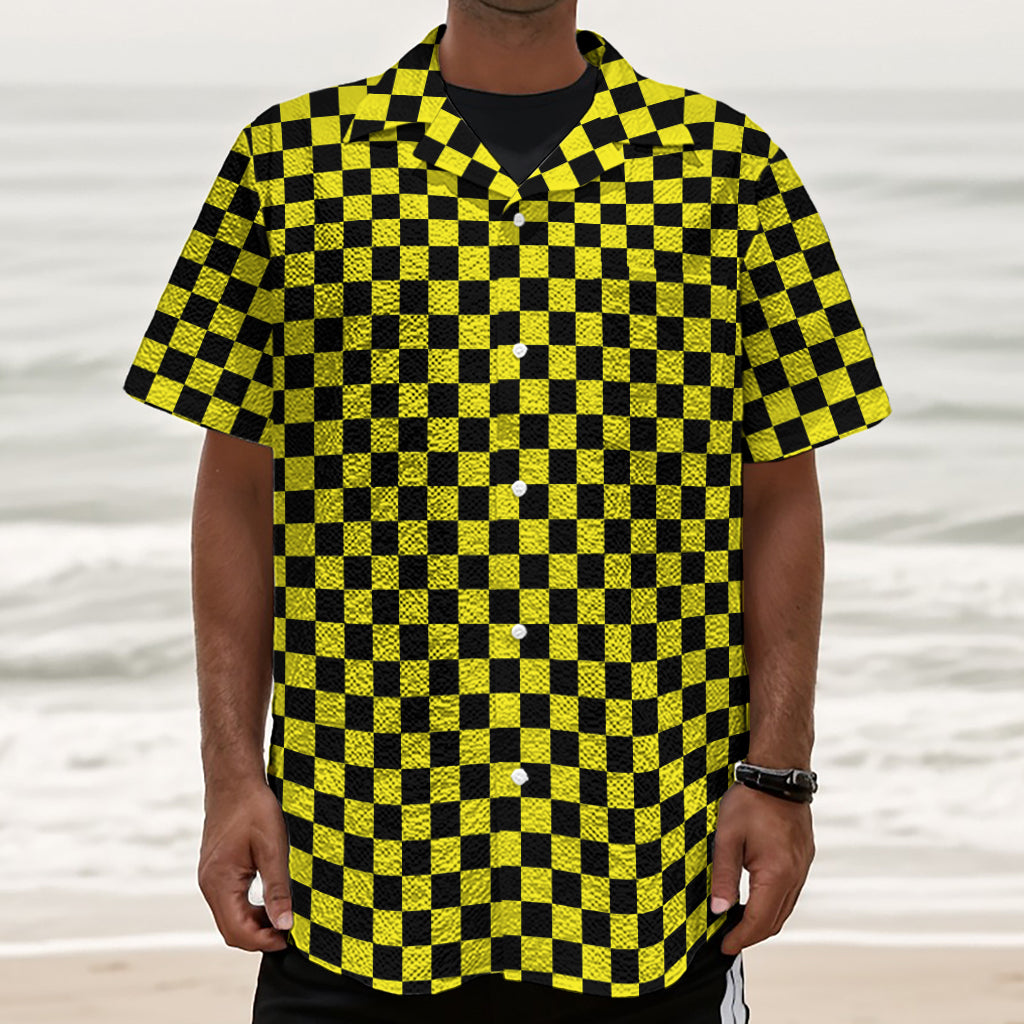 Yellow And Black Checkered Pattern Print Textured Short Sleeve Shirt