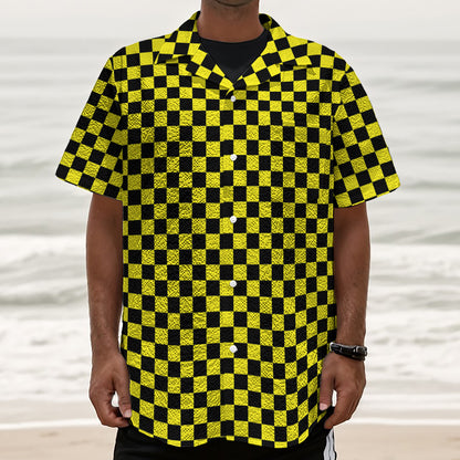 Yellow And Black Checkered Pattern Print Textured Short Sleeve Shirt