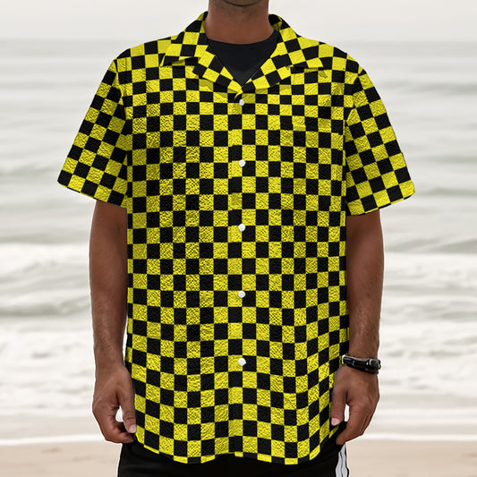 Yellow And Black Checkered Pattern Print Textured Short Sleeve Shirt