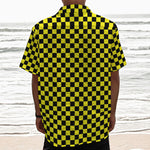 Yellow And Black Checkered Pattern Print Textured Short Sleeve Shirt