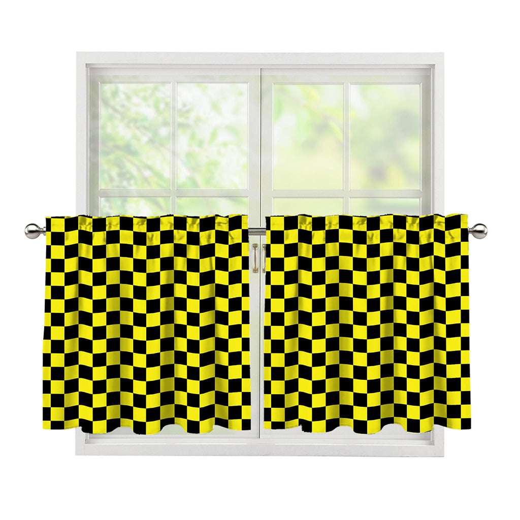 Yellow And Black Checkered Pattern Print Tier Curtains