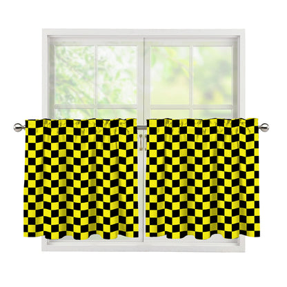 Yellow And Black Checkered Pattern Print Tier Curtains