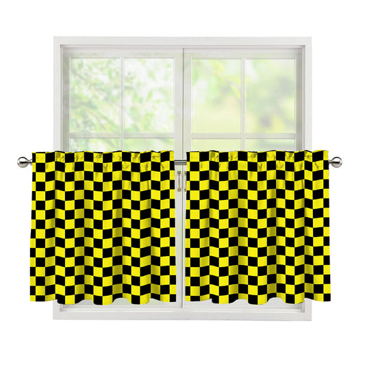 Yellow And Black Checkered Pattern Print Tier Curtains
