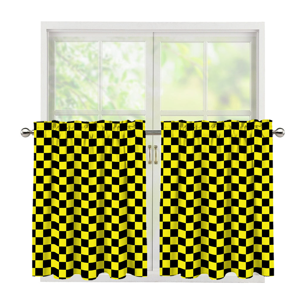 Yellow And Black Checkered Pattern Print Tier Curtains