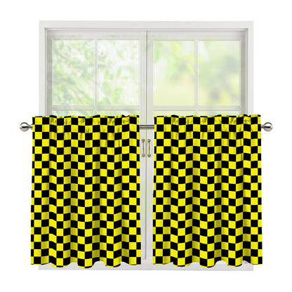 Yellow And Black Checkered Pattern Print Tier Curtains