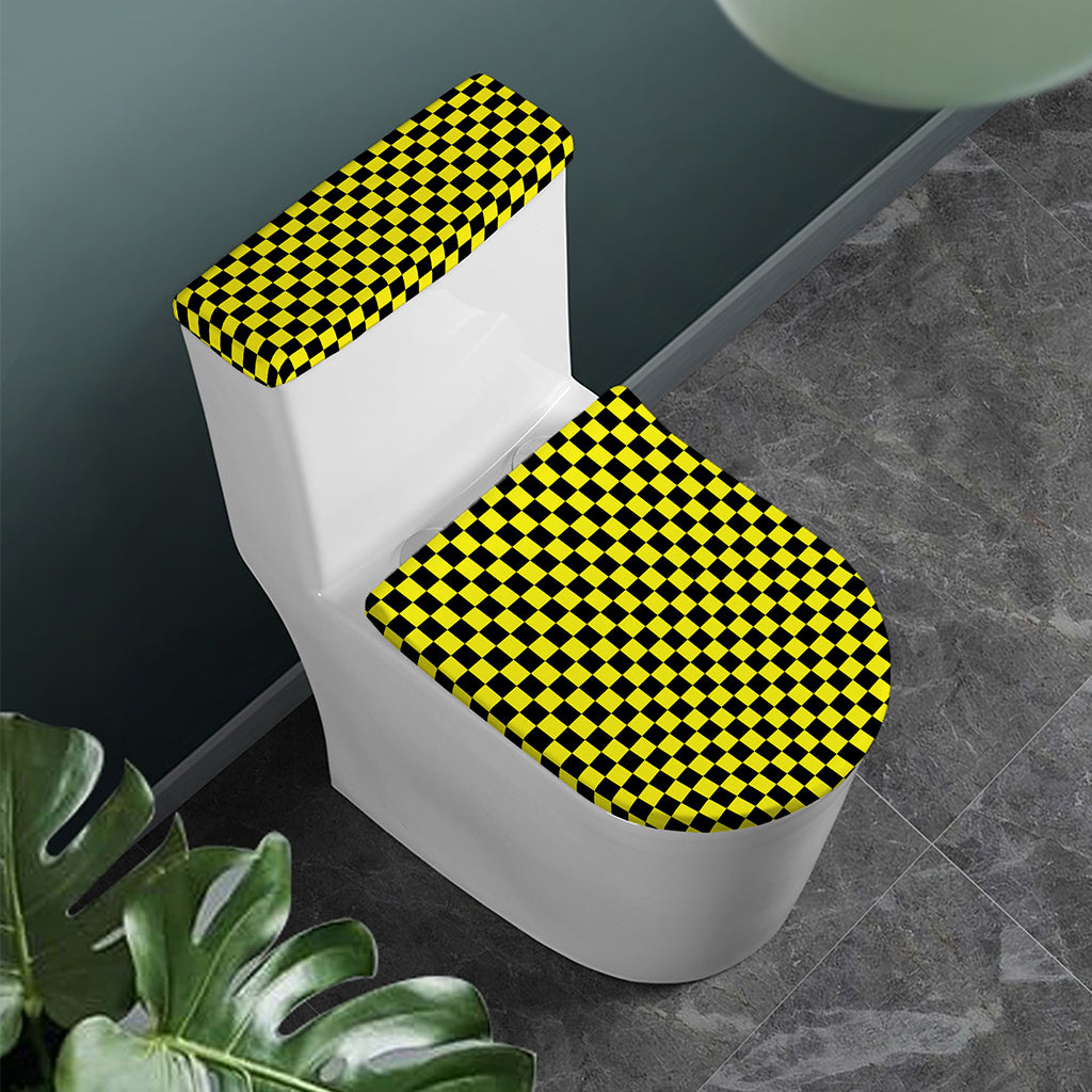 Yellow And Black Checkered Pattern Print Toilet Lid And Tank Cover Set