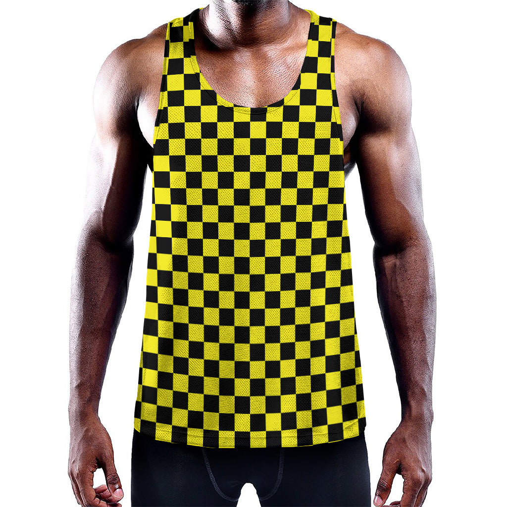 Yellow And Black Checkered Pattern Print Training Tank Top