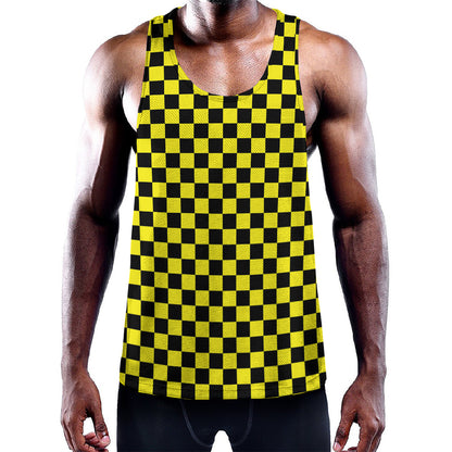 Yellow And Black Checkered Pattern Print Training Tank Top
