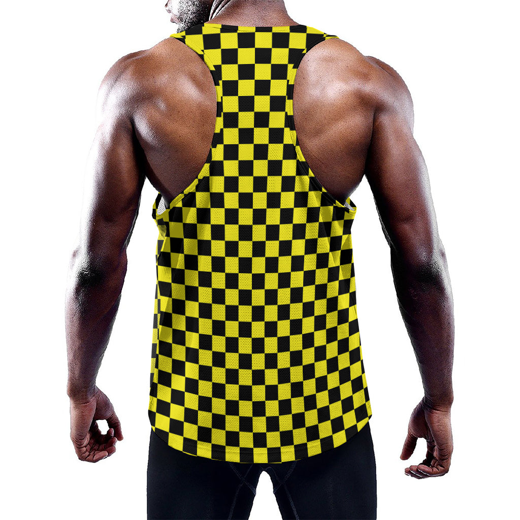 Yellow And Black Checkered Pattern Print Training Tank Top
