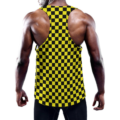 Yellow And Black Checkered Pattern Print Training Tank Top