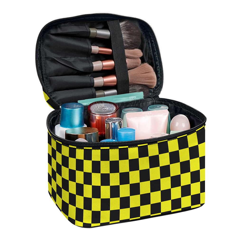 Yellow And Black Checkered Pattern Print Travel Makeup Bag