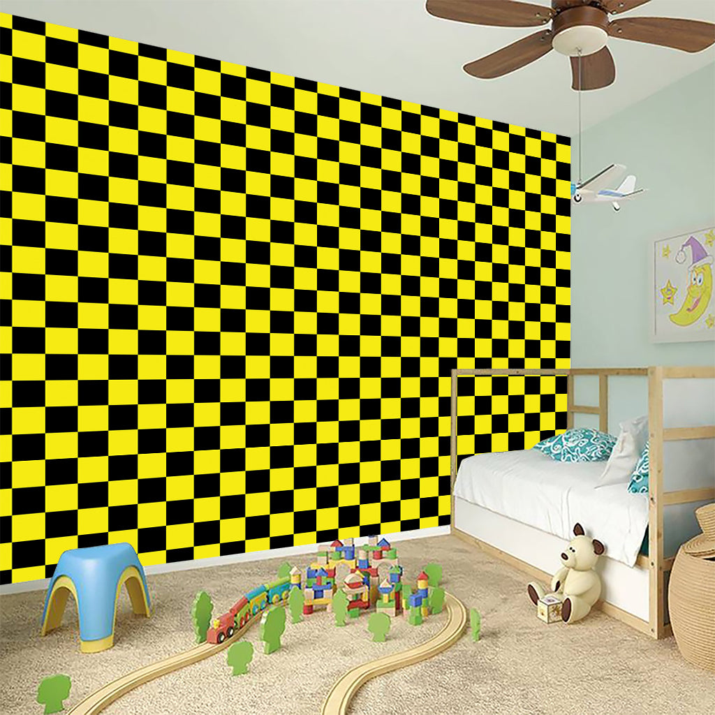 Yellow And Black Checkered Pattern Print Wall Sticker