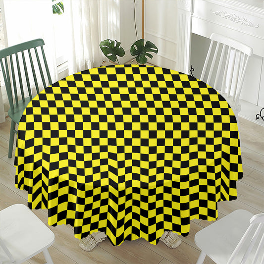 Yellow And Black Checkered Pattern Print Waterproof Round Tablecloth