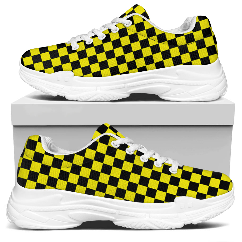 Yellow And Black Checkered Pattern Print White Chunky Shoes