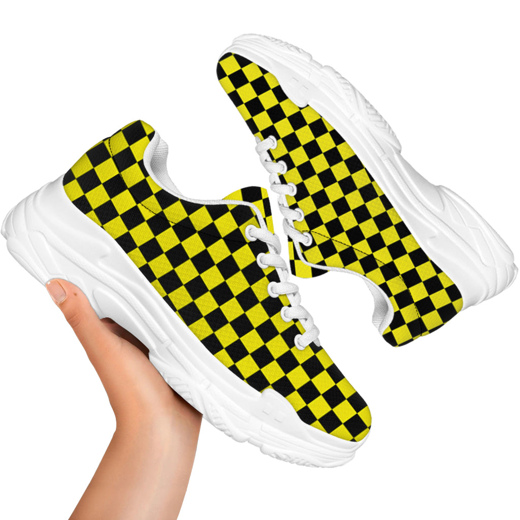 Yellow And Black Checkered Pattern Print White Chunky Shoes