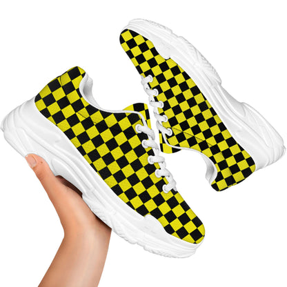 Yellow And Black Checkered Pattern Print White Chunky Shoes