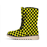 Yellow And Black Checkered Pattern Print Winter Boots