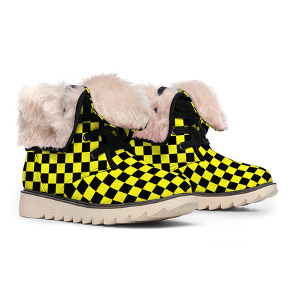 Yellow And Black Checkered Pattern Print Winter Boots