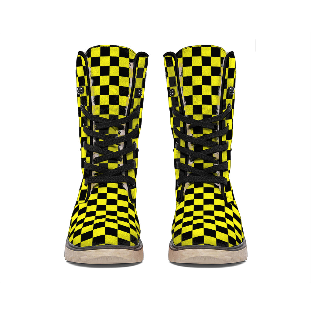Yellow And Black Checkered Pattern Print Winter Boots