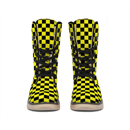 Yellow And Black Checkered Pattern Print Winter Boots