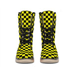 Yellow And Black Checkered Pattern Print Winter Boots