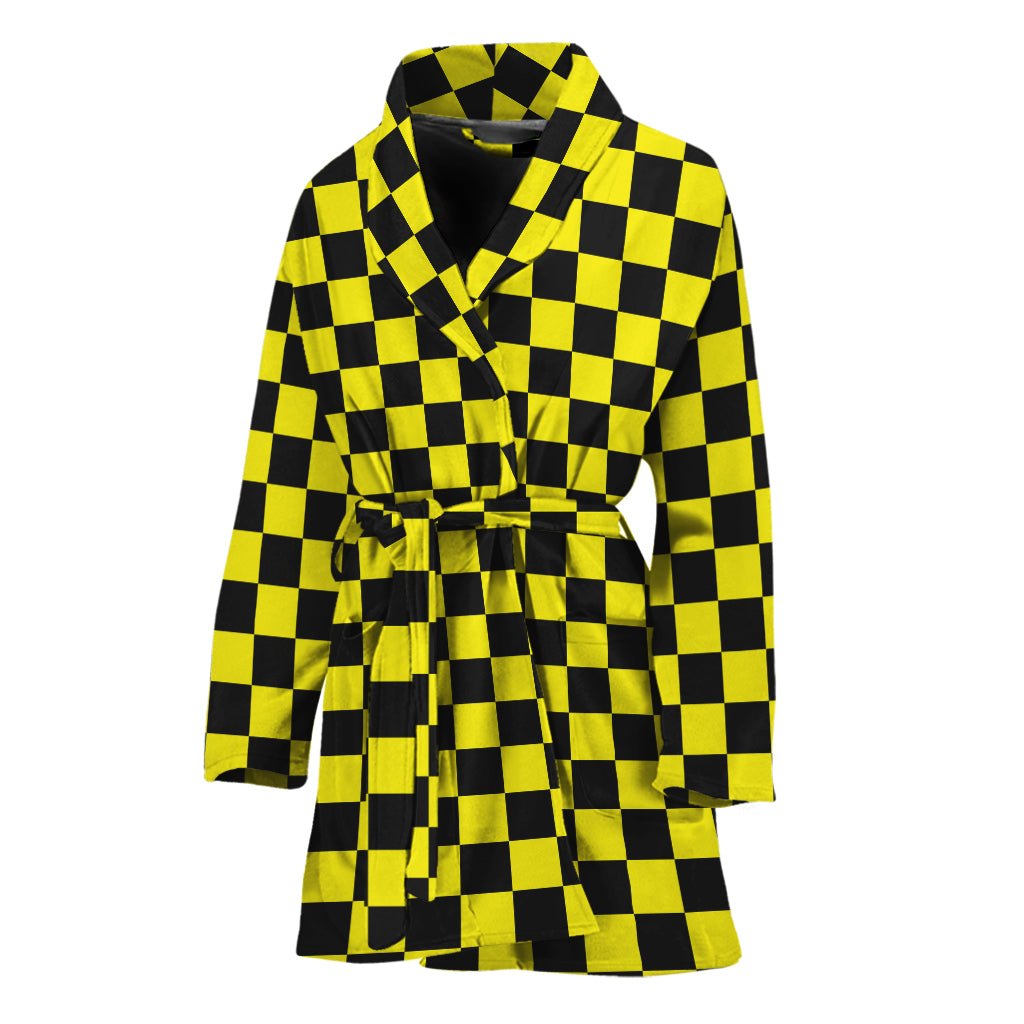 Yellow And Black Checkered Pattern Print Women's Bathrobe