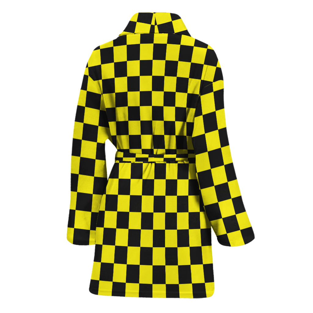 Yellow And Black Checkered Pattern Print Women's Bathrobe