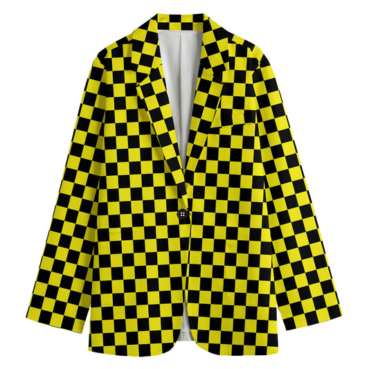 Yellow And Black Checkered Pattern Print Women's Blazer