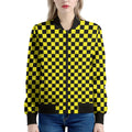 Yellow And Black Checkered Pattern Print Women's Bomber Jacket
