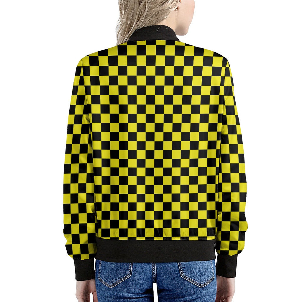 Yellow And Black Checkered Pattern Print Women's Bomber Jacket