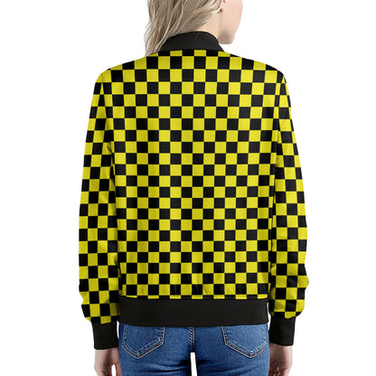 Yellow And Black Checkered Pattern Print Women's Bomber Jacket