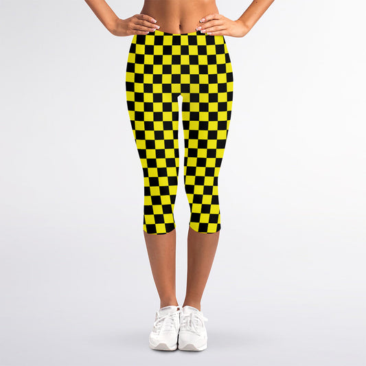 Yellow And Black Checkered Pattern Print Women's Capri Leggings