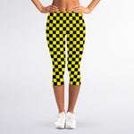 Yellow And Black Checkered Pattern Print Women's Capri Leggings