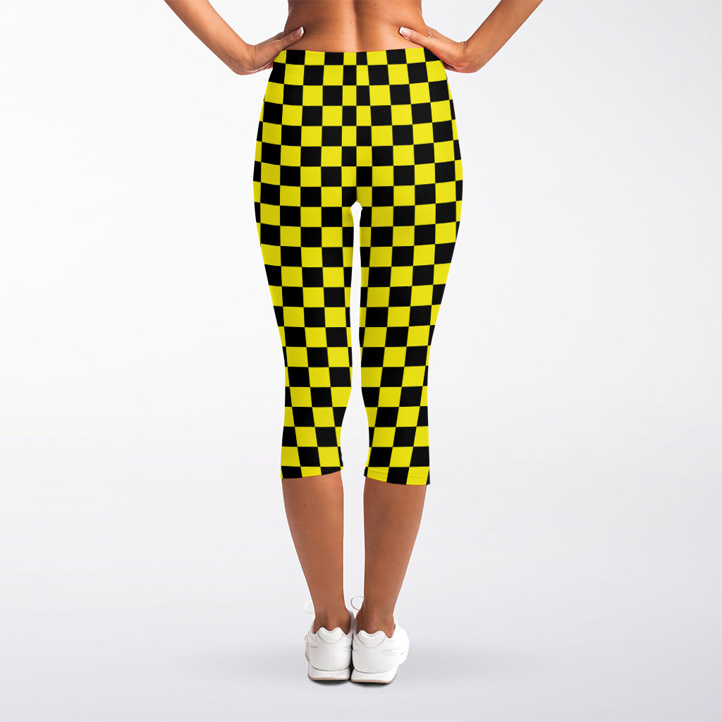 Yellow And Black Checkered Pattern Print Women's Capri Leggings