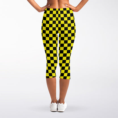 Yellow And Black Checkered Pattern Print Women's Capri Leggings