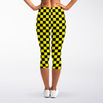 Yellow And Black Checkered Pattern Print Women's Capri Leggings
