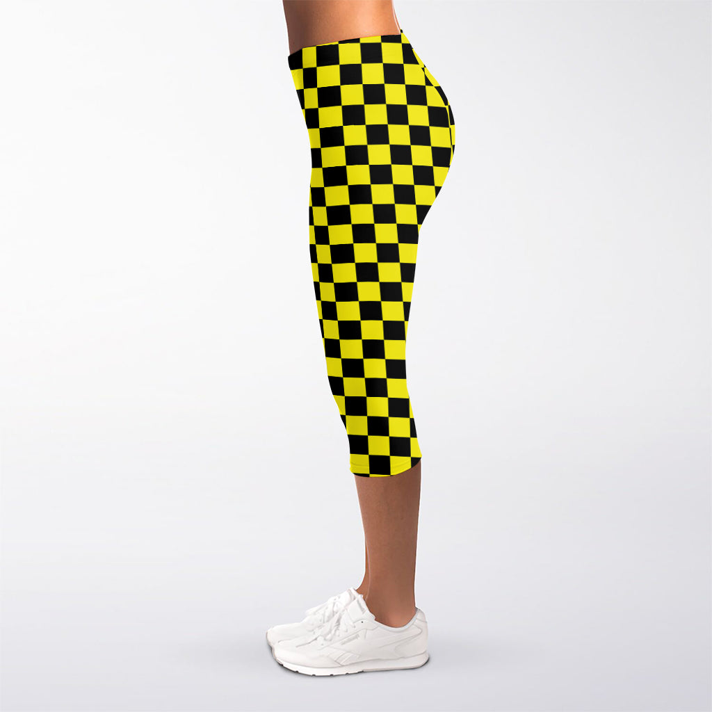 Yellow And Black Checkered Pattern Print Women's Capri Leggings
