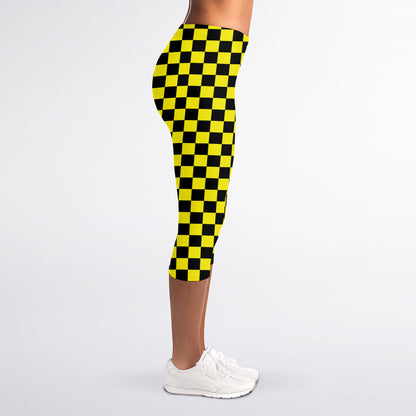 Yellow And Black Checkered Pattern Print Women's Capri Leggings