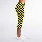 Yellow And Black Checkered Pattern Print Women's Capri Leggings