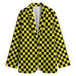 Yellow And Black Checkered Pattern Print Women's Cotton Blazer