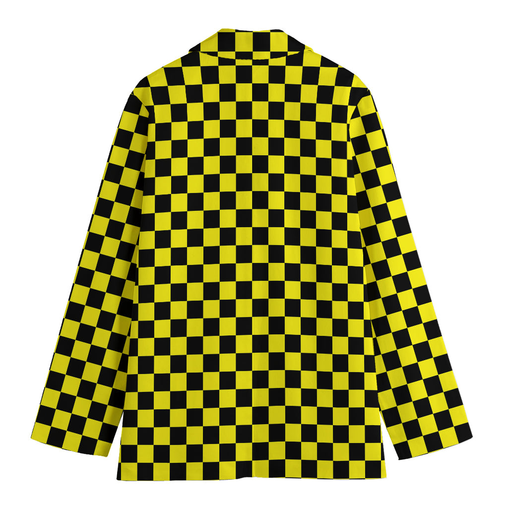 Yellow And Black Checkered Pattern Print Women's Cotton Blazer